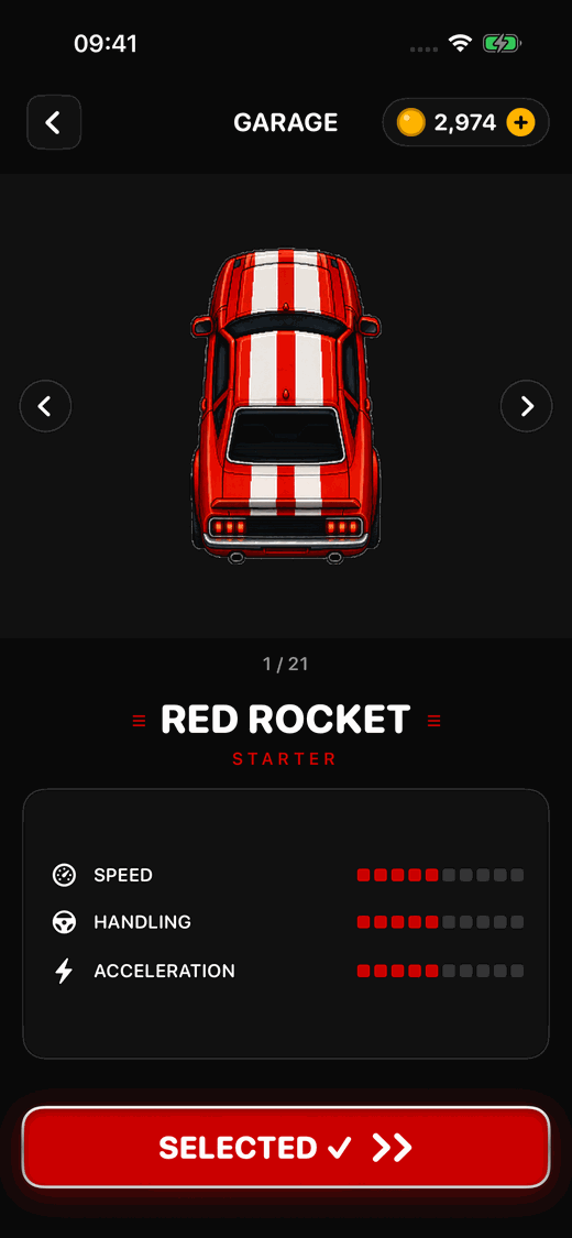 Wrist Racer iPhone garage screen with the RED Rocket car