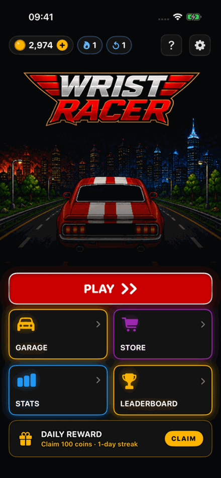 Wrist Racer iPhone home screen — play, garage, store and leaderboard