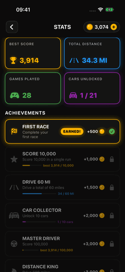 Wrist Racer iPhone stats screen with achievements