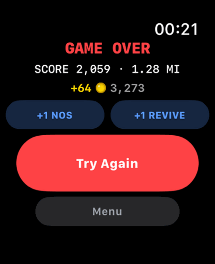 Wrist Racer game-over screen showing score, NOS and revive
