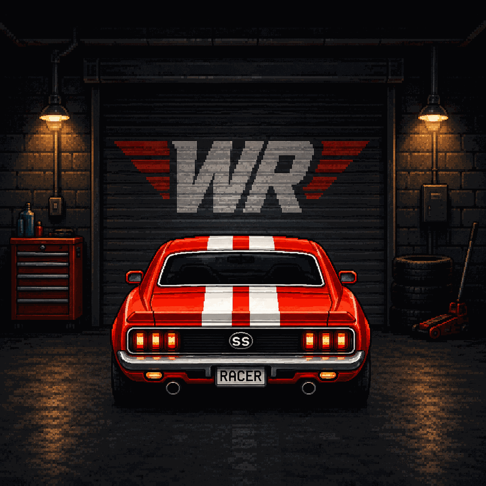 Pixel-art Wrist Racer garage with the RED Rocket muscle car
