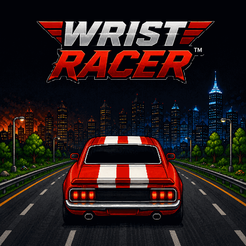 Wrist Racer key art — a red muscle car racing down a neon city highway